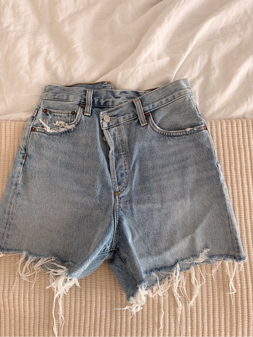 Agolde Light Blue Asymmetric Distressed High-Rise Denim Shorts
